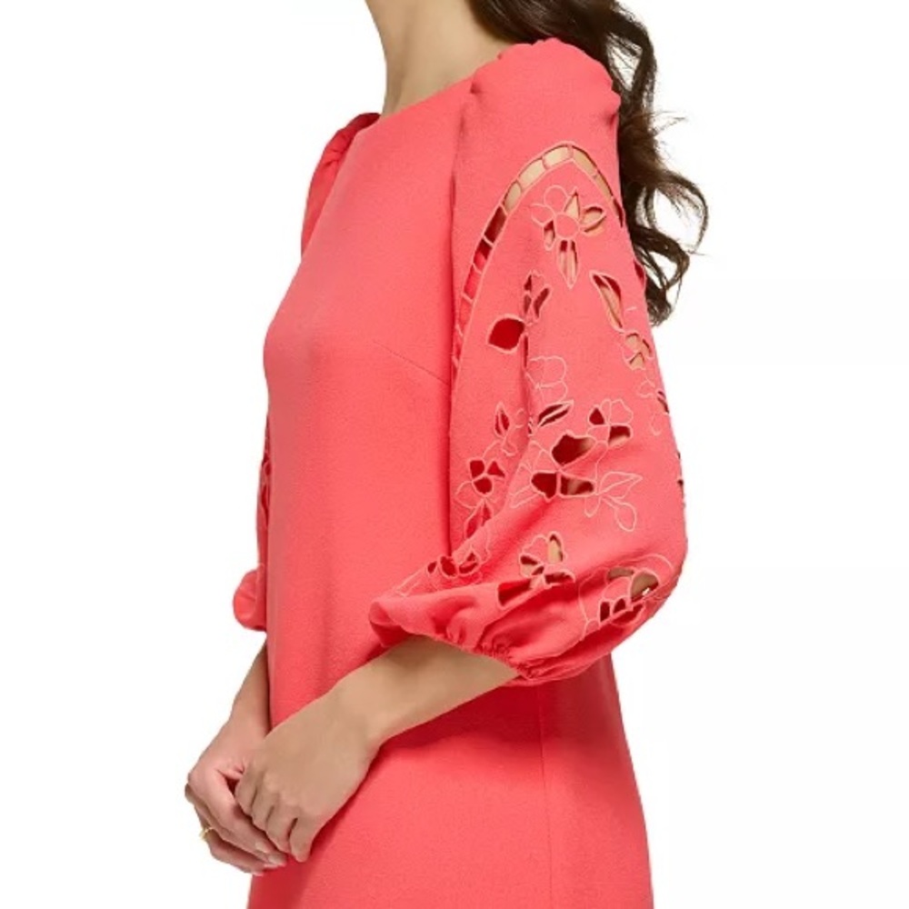 NWT Vince Camuto coral/red Eyelet Sleeve Shift Dress Puff Sleeve Mini ~ Size 2 - Picture 9 of 10